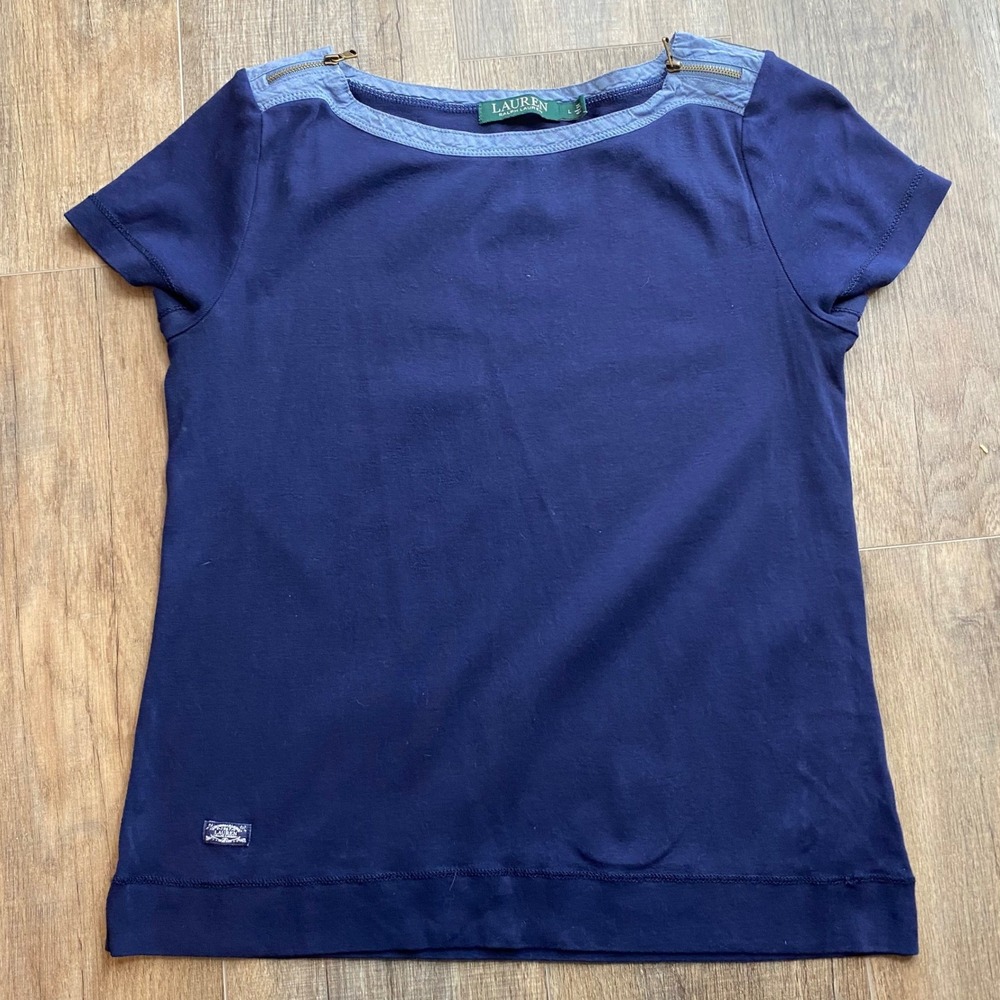 Lauren Ralph Lauren Navy Blue Cotton Boat Neck Top with Shoulder Zips Large